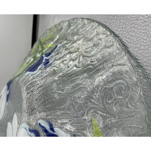 Platter Bowl Glass Japanese Iris Star Flowers Serving Dish Painted Scalloped 12" - Picture 9 of 10